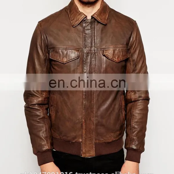 New 2014 Men Leather Jacket / Genuine Leather Jacket / Sheepskin Leather Bomber Jacket Dark Brown photo-3