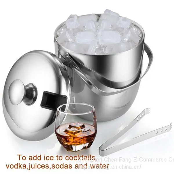 Insulated Ice Bucket,Stainless Steel Double Wall Ice Bucket With Lid and Tongs,2.8-Litre,Silver photo-3