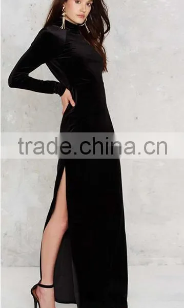 Plain Black Soft Sexy Long Sleeve Backless Evening Dress photo-3