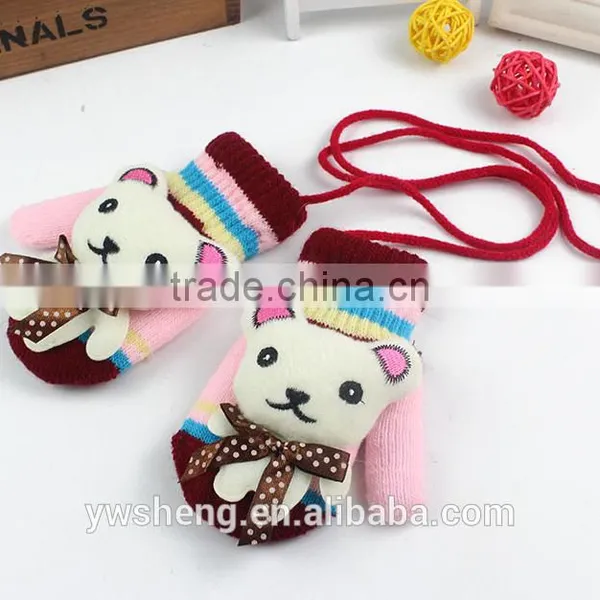 Winter Baby Children Acrylic Gloves Boys and Girls Knitted Warm Cute Hanging Neck Cartoon Bear Baby Gloves photo-4