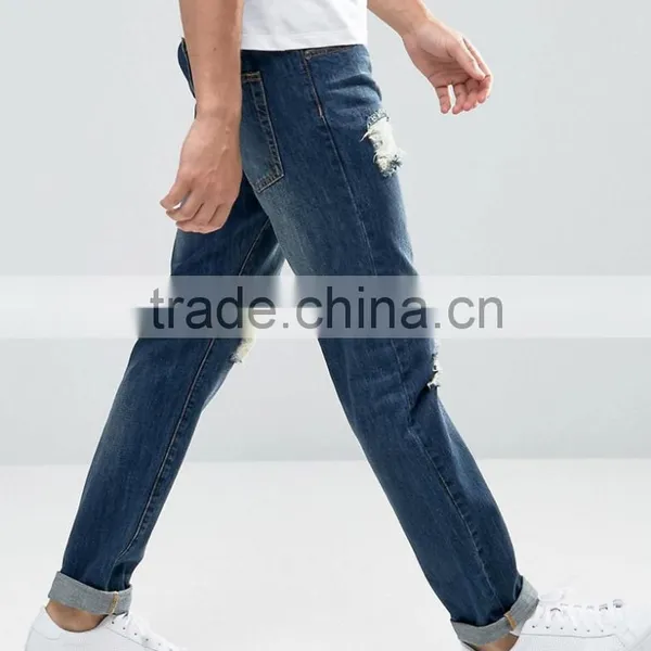Washed Ripped Regular Rise Straight Slim 100% Cotton Men Jean Trousers photo-2