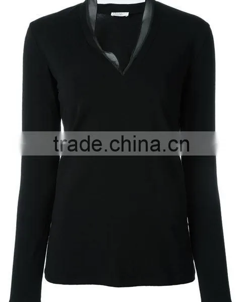 Custom Women Long Sleeve V Neck Plain T-Shirts,New T Shirts Design V Neck Black Blank Plain t Shirt for Women photo-2