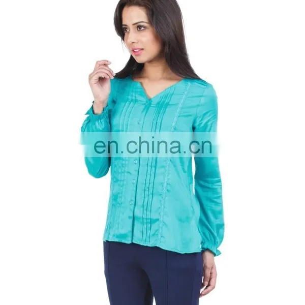 Green Top With Pin Tuck Detailing for Ledies Printed Three Quarter Sleeve Blouse in Chiffon With Lace Collar See Larger Image photo-4
