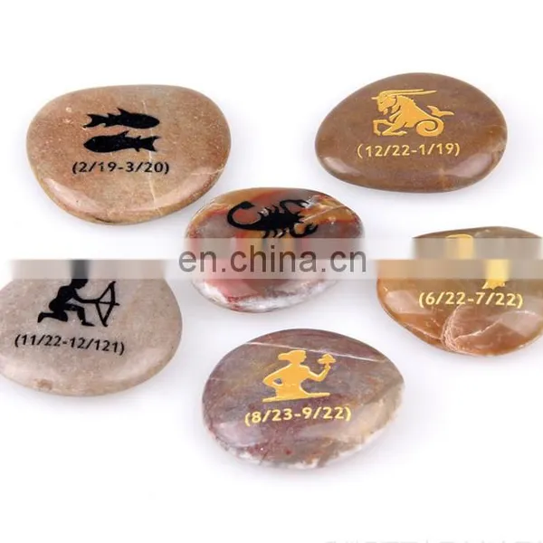 Life Tree Zodiac Symbol Engraved Natural Stone Pendants Charms Logo Label Engraved Pebbles Cobblestone Pendants Charms Hangers photo-6