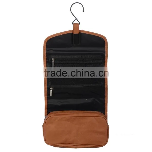 Black Top-grain Cowhide Leather Hanging Toiletry Bag Makeup Organizer Travel Wash Bag for Men photo-2