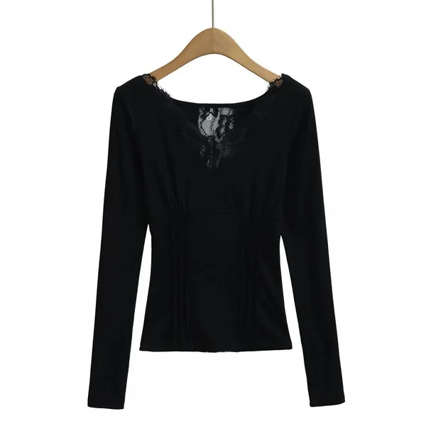 Pure Lust Hot Girl Lace Sexy Inner Bottom T-shirt Women's 2025 Spring New Long-sleeved Slim Western Style Top Ins photo-3