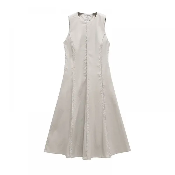 M Style European and American Temperament Elegant Versatile Simple Wide Swing Medium Length Sleeveless Dress Umbrella Swing Long Skirt