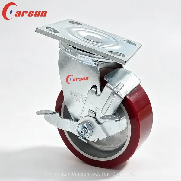 Carsun Heavy Duty Industrial Caster Wheels 5-Inch Aluminum Core Polyurethane Wheels Swivel Caster With Side Brake