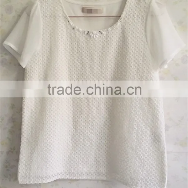 100% Cotton Organza Short-sleeve White Lace T-shirt for Girl's Wear