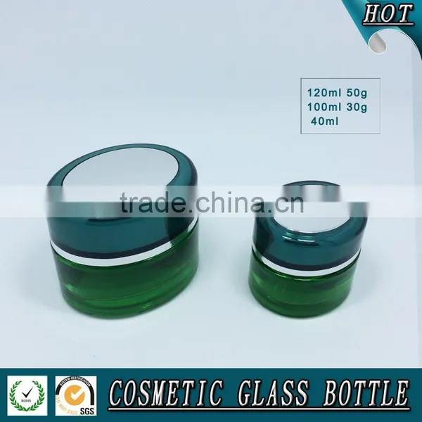 Green Colored Glass Pump Lotion Bottle and Cosmetic Glass Cream Jar photo-3