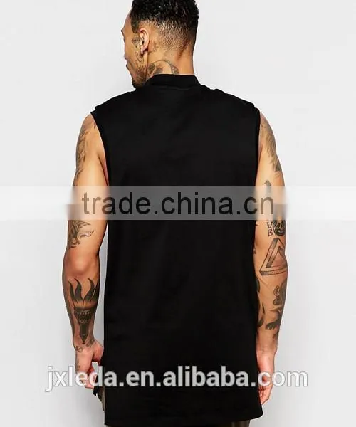 OEM Customize Men Summer Longline Sleeveless Turtle Neck Black Plain T-shirt photo-2