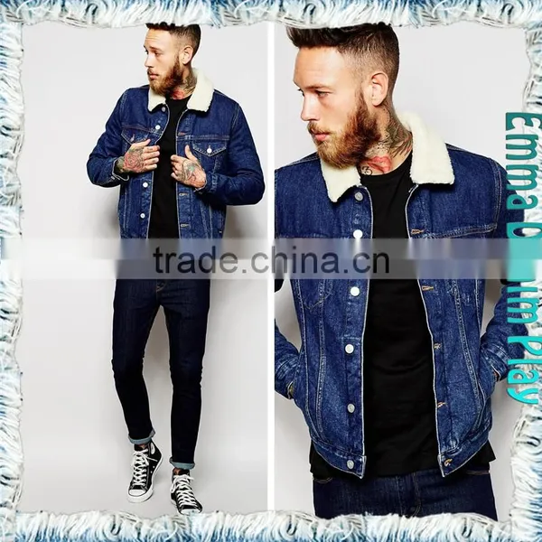 Collar Lapel Light Wash Blue Denim Men's Fleece Lining Jackets photo-4