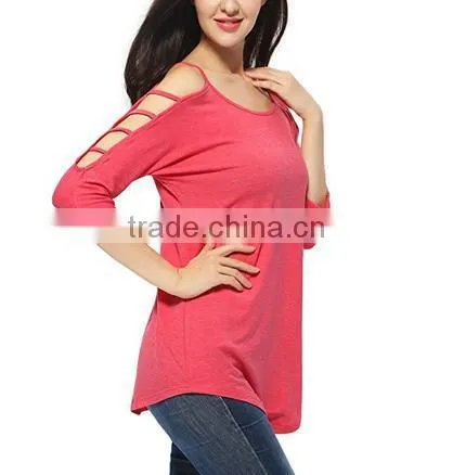 Women's 100% Cotton Comfort Colors TShirts in Bulk Hollowed Out Shoulder Three Quarter Sleeve photo-5