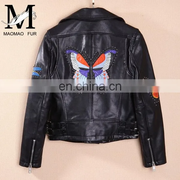 Hot Selling OEM Fashion Latest Womens Jackets Short Sheep Skin Moto Biker Leather Jacket photo-6