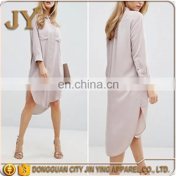 New Summer Dress with Chest Pockets Dpped Back Back Curve Hem Shirt Dress