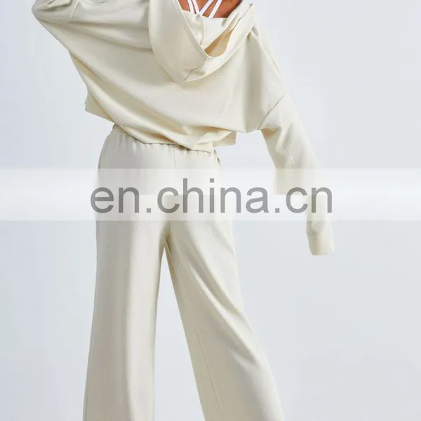 OEM & ODM Ladies Jogging Sweatsuit Waffle Wide Leg Pants Two Piece Sets Workout Training Women Sports Tracksuit Gym Fitness Set photo-2