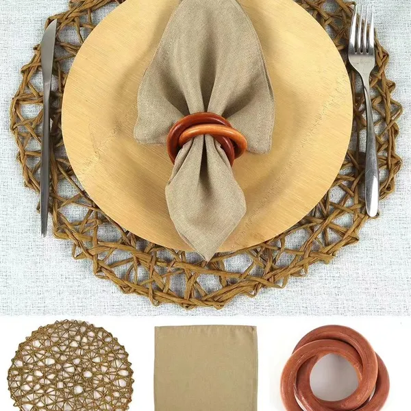 Cheap Wholesale Round Shaped Rattan Place Mat Blue Napkin Cloth And Rattan Napkin Ring For Wedding Budget Event Decoration photo-3