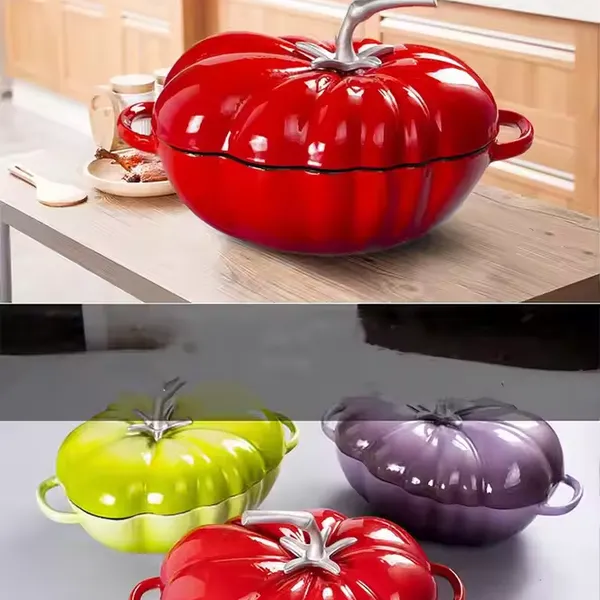 New Design Tomato-shaped Pot Kitchen Cookware 27cm Red Enamel Cast Iron Casserole With Cast Iron Lid photo-3