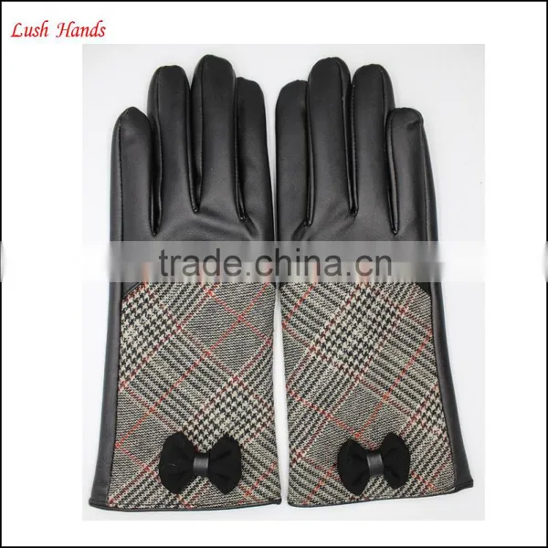 Ladies High-quality Black Leather Gloves With Checked Cloth Handback photo-2