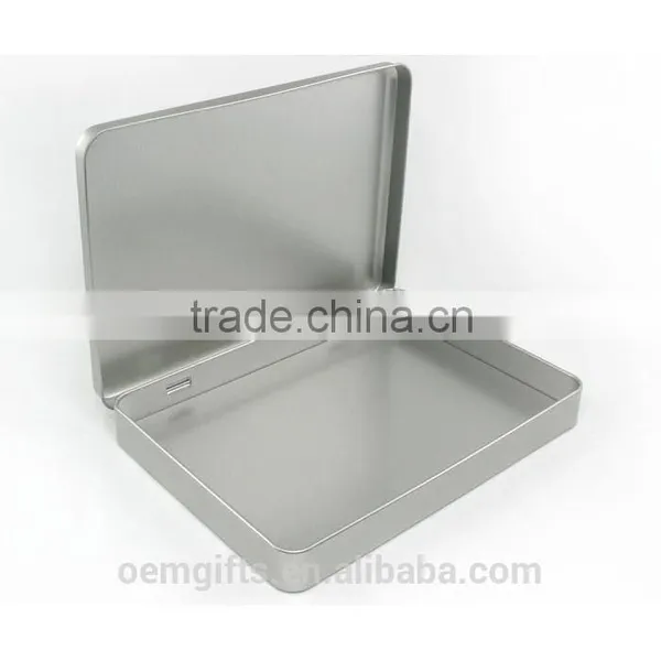 Rectangle A5 Size Hinged Tin Box Rectangle Muji Silver Plain Tin Container