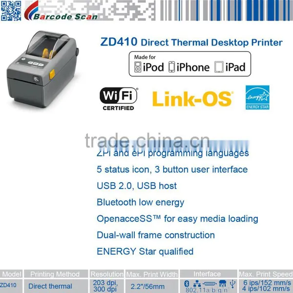 Zebra ZD410 Wi-Fi Bluetooth Smallest Direct Thermal Desktop Printer photo-2
