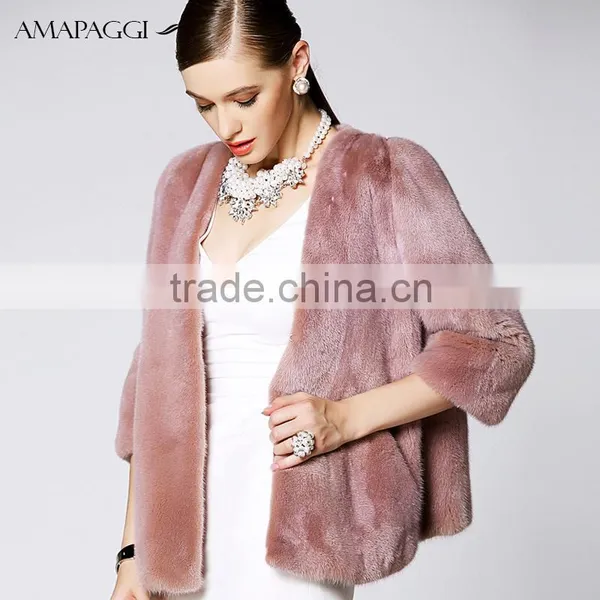 Global Sale Fuchsia Mink Warm Fur Coat V Collar Mink Coat In China