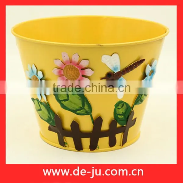 Green Printing With Flowers Round Small Metal Planter photo-2