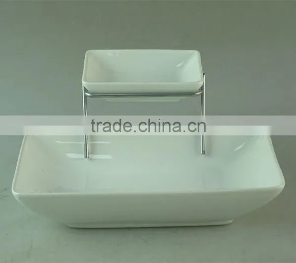 Stocked White Ceramic Rectangle French Fries Serving Plate With Dipping Dish and Iron Stand photo-2