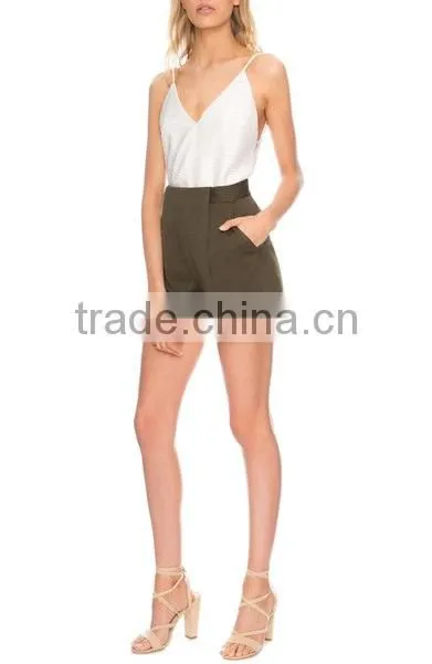 High Waist Women Army Green Wide Legging Shorts With Two Pocket photo-3
