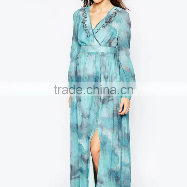 Maternity Printed Maxi Long Sleeve Maternity Dress for Muslim With Wrap Front photo-3