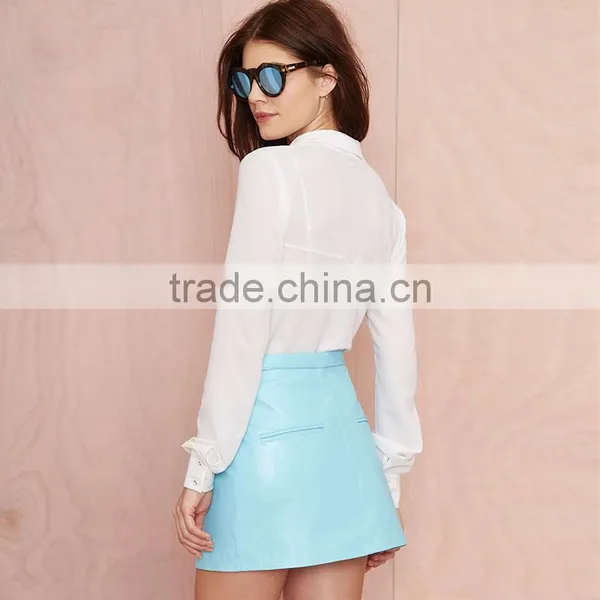 MGOO New Arrival 2016 OEM Custom Light Blue PU Skirts Women Faux Leather Short Straight Skirts 15144A373 photo-3