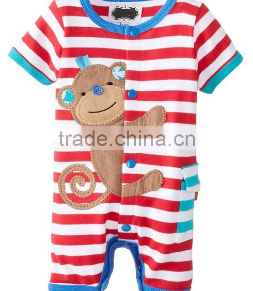 Blue and Write Stripe Organic Cotton Summer Wear Short Sleeve Wholesale Pattern Baby Jumpsuit photo-3