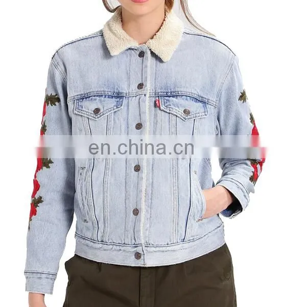 Factory OEM Embroidered Sherpa Lining Womens Denim Jacket photo-2