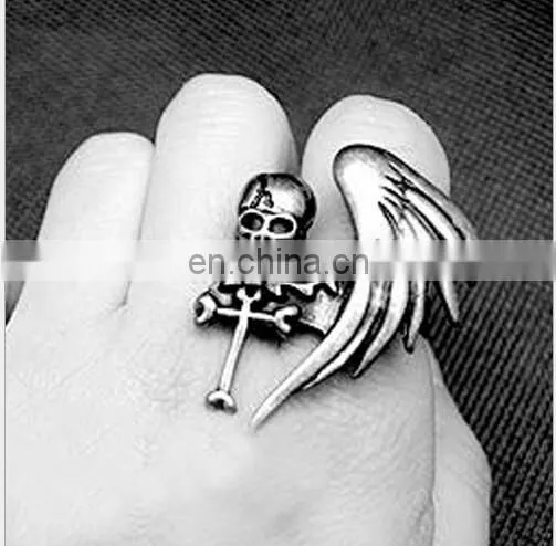 Punk Gothic Monoplane Wing Skeleton Cross Wind Skull Ring photo-3