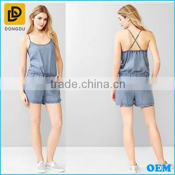 Adjustable Spaghetti Straps Round Neckline Tencel Women Denim Romper