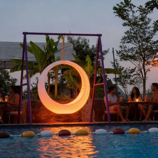 16 Colors Changing LED Illuminated Modern Plastic Swing Chair Garden Patio Furniture Half Moon Light Outdoor Restaurant Hotel