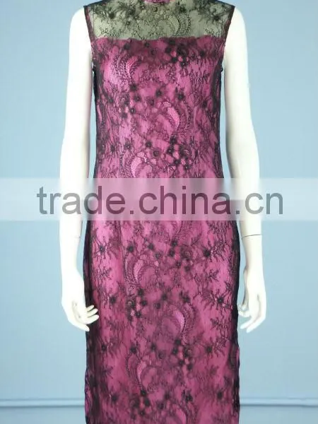 Sleeveless Fashion Cheongsam / Qipao, Black Lace With Contrasting Fuchsia Lining, Hand-made Qipao With Illusion Neckline QP0006