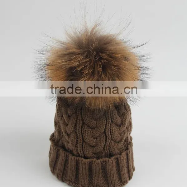 2015 New Designed Women Raccoon Fur Ball Twist Wool Hat Ladies Fashion Winter Knitted Warm Hats photo-5