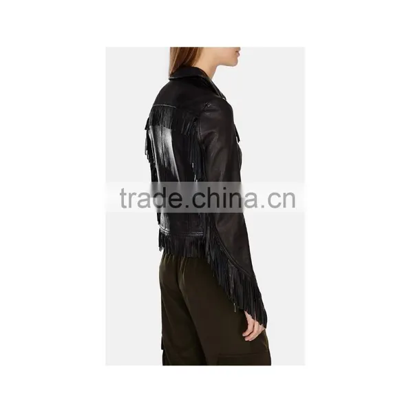 Lady's Genuine Sheepskin Leather Fringe Jacket, Black photo-5