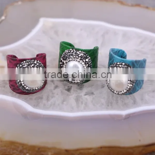 Natural Freshwater Pearl Ring, Snakeskin Rings, Pave Setting Crystal Jewelry Finger Gemstone Fashion Ring photo-4