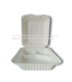 JUST Disposable Paper Pulp Bagasse Food Container 3Compartment Clamshell H8