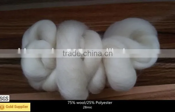 28mic Raw White Blended Wool Top Roving Fiber 75% Uruguay Wool/25% Polyester Spinning Felting Weaving photo-2