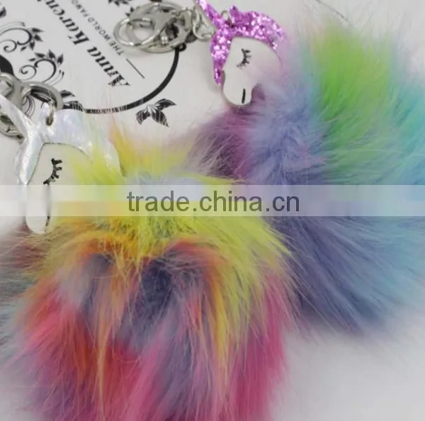 Shiny Unicorn Horse Animal Fur Pom Pom Keychain Bag Charms Unique Faux Fur Ball Bag Charms 2017 Keychain Premium Gifts photo-3