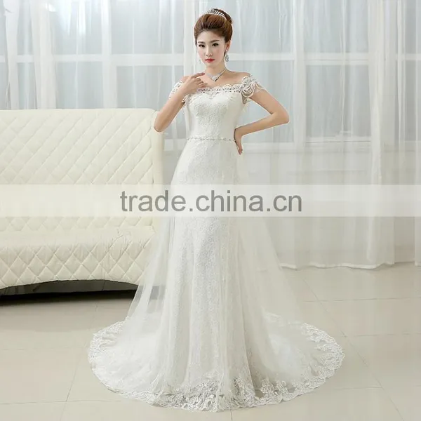 2017 Fashion Wedding Dress New Bride Korean Boat Neck Evening Dress Fishtail Skirt Long Drag Tail photo-4