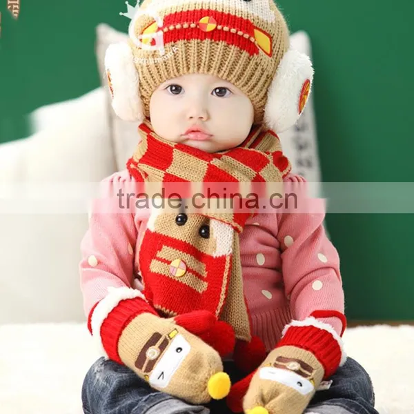 TC13003 Cheap Cute Fashion Baby Pom Pom Winter Beanie and Scarf and Knitted Animal Mitten Set Wholesale Baby 3pcs Set photo-6