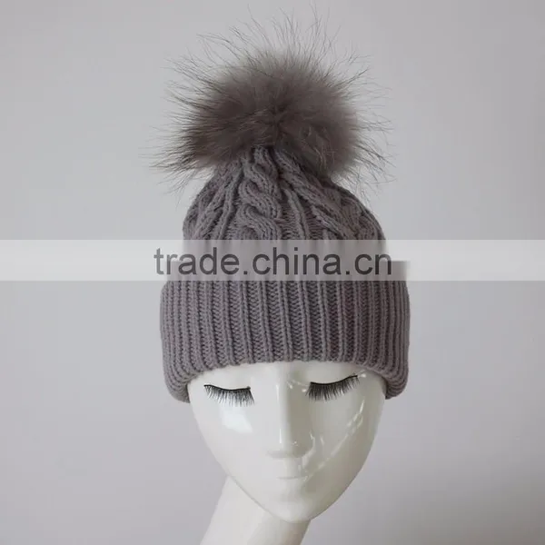 Myfur High Quality Wool Cable Knit Beanie Hat Pom Pom Custom Fur Hats photo-2