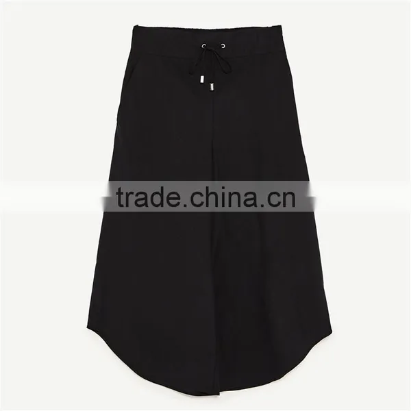 Cord Culottes Asymmetric Slacks Women Black Dress Pants photo-6