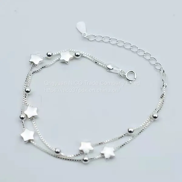 S925 Sterling Silver Double Star Bracelet Female Tide Japan and Korea Simple Temperament Super Fairy Sen Department Students Sweet Birthday Gift photo-2