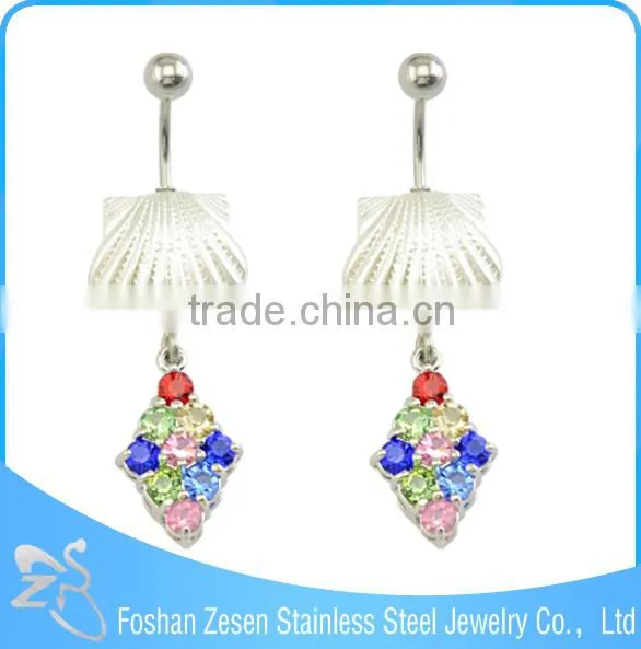 BR01820 Medical Steel Fake Shell Dangle Multi-colour Gems Flat Navel Belly Rings photo-2