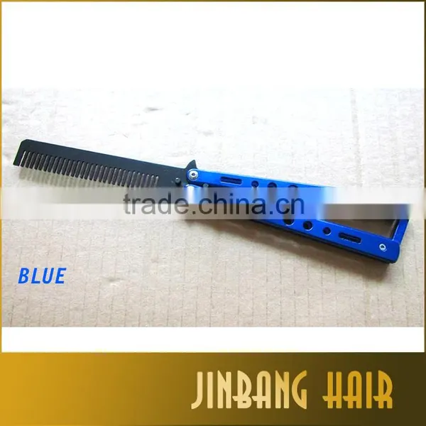 New Design Wholesales Blue Stainless Steel Knife Comb Mental Practice Training Butterfly Balisong Style Comb photo-2